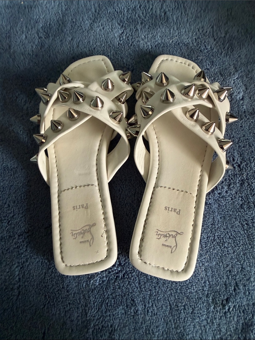 Christian Louboutin White Leather Spike-Embellished Slide Mules - Picture 4 of 4